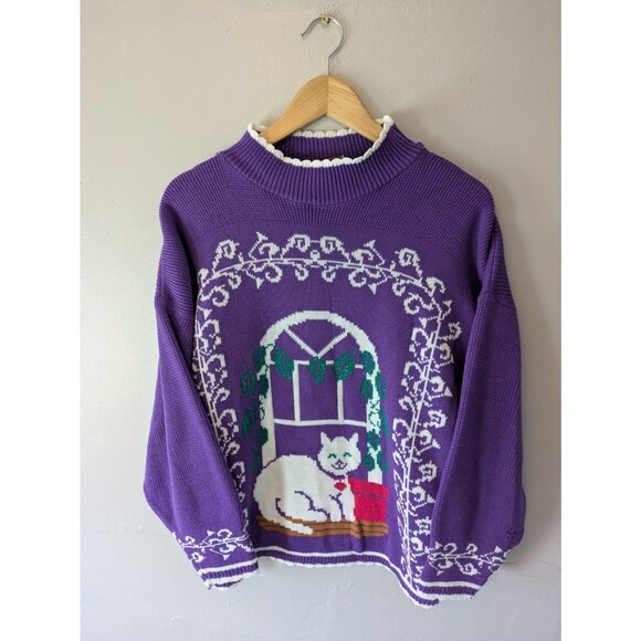Cottagecore Sweater 90s Vintage Cats Kittens knit jumper, cute whimiscal, spunky - Picture 1 of 7